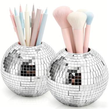 Imagem de Tlence Pacote com 2 porta-lápis de bola de discoteca para mesa, organizador de canetas de 10 cm com lantejoulas prateadas, suporte de pincel de maquiagem de plástico brilhante, copo de vaso de flores