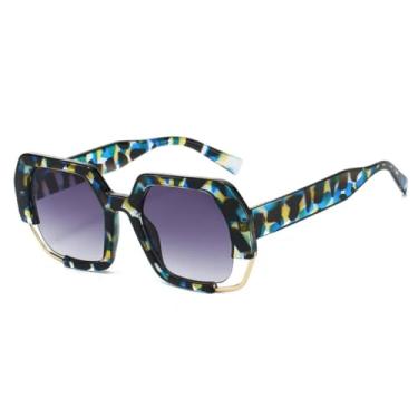 Imagem de Óculos de Sol Unissex Retrô com Estampa de Leopardo Degradê Oval, Armação Vazada e Proteção UV (Lenço de Leopardo Azul)