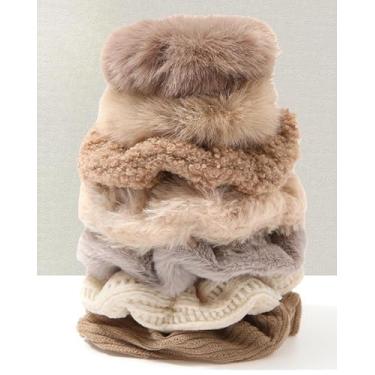 Imagem de Faixa de cabeça de pelúcia grossa moderna para mulheres – Conjunto moderno de elásticos de rabo de cavalo para todos os tipos e texturas de cabelo (Caqui, 7 peças)