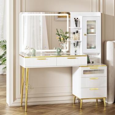 Imagem de Chrangmay Penteadeira Grande E Moderna De 47,24" Com Espelho Luzes, Maquiagem, 5 Gavetas, Prateleiras Armazenamento Tomada, Tampo Vidro, Branca