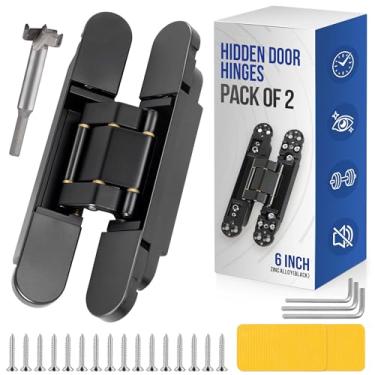 Imagem de Dobradiças ocultas atualizadas, dobradiças invisíveis, dobradiça oculta de liga de zinco de 15 cm, silenciosa, invisível, ajustável em 3 vias e dobradiça de extremidade giratória de 180° preta (pacote