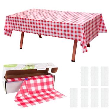 Imagem de KAshack Rolo de toalha de mesa de plástico, capa de mesa com caixa de corte deslizante conveniente - toalhas de mesa descartáveis xadrez vermelhas para churrasco, festa, aniversário, casamento, ao ar