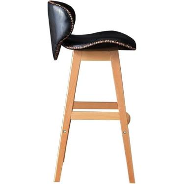 Imagem de Banqueta de bar moderna bancos de bar de madeira maciça balcão de café da manhã cadeiras de bar de cozinha bar caixa casa assento estofado PU cadeiras de montagem fácil (preto)