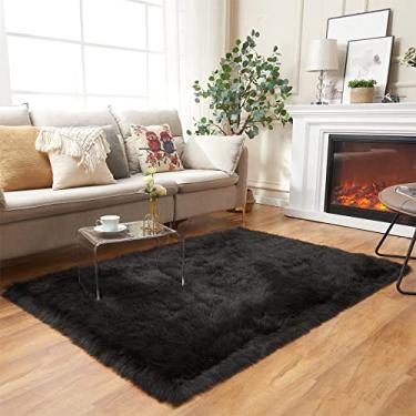 Imagem de EasyJoy Tapetes ultra macios e macios de pele sintética capa de cadeira almofada de assento tapete de área felpudo para quarto chão sofá sala de estar (1,2 x 1,8 m retangular, preto)