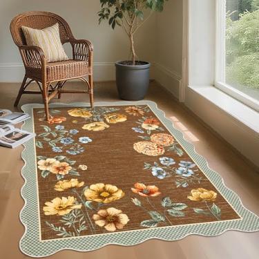 Imagem de GarveeHome Tapete floral recortado, ultrafino, macio, 7,5 x 12,5 cm, antiderrapante, 7,5 x 12,5 cm, lavável para quarto, resistente a manchas, boho de pelo baixo, para sala de jantar, sala de jogos