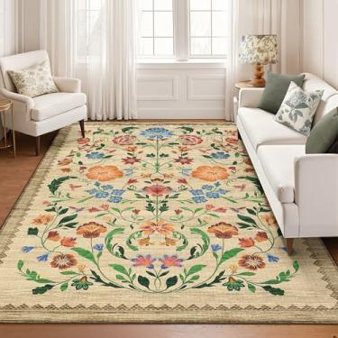 Imagem de Tapete lavável 22 x 30 cm para sala de estar, tapete floral para quarto, tapete macio vintage antiderrapante com parte traseira de borracha, tapete floral boho resistente a manchas de pilha baixa para