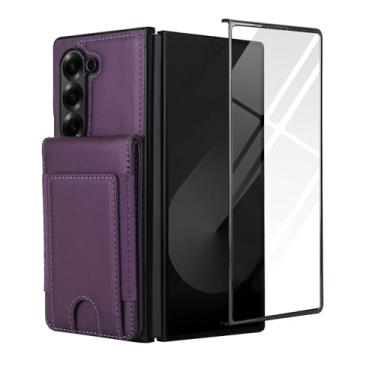Imagem de Capa carteira para Samsung Galaxy Z Fold 7, com couro PU premium e compartimentos para cartão, suporte embutido, capa protetora de 360° para uso diário, inclui protetor de tela de vidro 9H (roxo