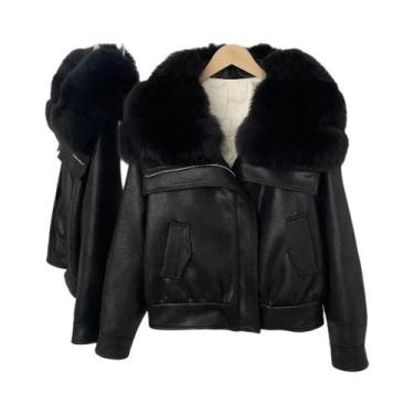 Imagem de Jaqueta Curta Feminina De Pluma De Pato Branca Com Gola De Pele De Rap