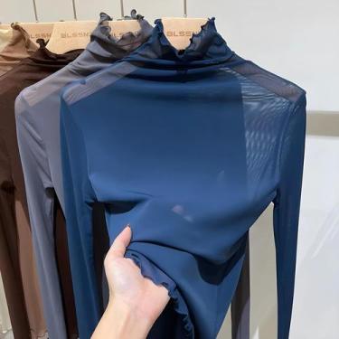 Imagem de Blusa Feminina De Manga Longa Preta Em Tule Transparente Sexy Estilo P