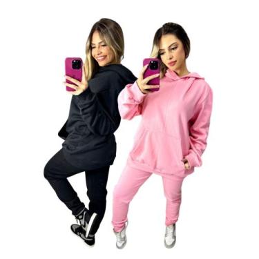 Imagem de Kit com 2 conjuntos Moletom calça e capuz feminino Inverno Slim quenti