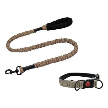 Imagem de Kit Guia Elástica com Coleira para Cachorro, Nylon Reforçado, Sistema Anti-Impacto, Amortecedor Elástico, Trava de Segurança, Alça Antiderrapante, Ideal para Cães Médios e Grandes (bege)