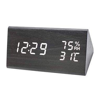 Imagem de Relógio Digital de Alarme Madeira LED com Dia Data Temperatura e Umidade 3 Níveis Brilho Controle por Voz Termômetro Higrômetro Indoor para Mesa Cabec