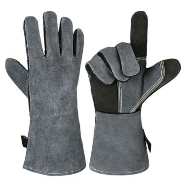 Imagem de Luvas para churrasco, couro de vaca resistente ao calor, 14 polegadas, preto