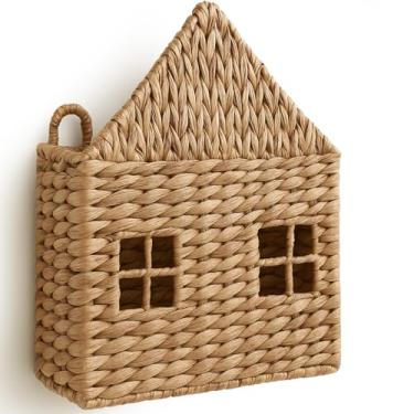Imagem de Widecook Cesta de parede suspensa de vime para armazenamento de jacinto de água, suporte de revista, suporte de revista, cesta de pendurar em tecido em forma de casa para correio, livros e arquivos