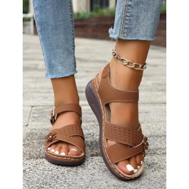 Imagem de Sandálias femininas de salto baixo plataforma confortáveis para o verão com fivela e tira no tornozelo, bico aberto, flor, Marrom, 36