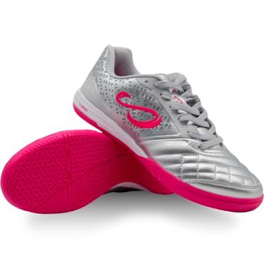 Imagem de SENDA Ushuaia Pro 2.0 Tênis de futebol, quadra e futsal, unissex, tamanhos adultos e jovens, Prata/fúcsia, 7 Women/6 Men