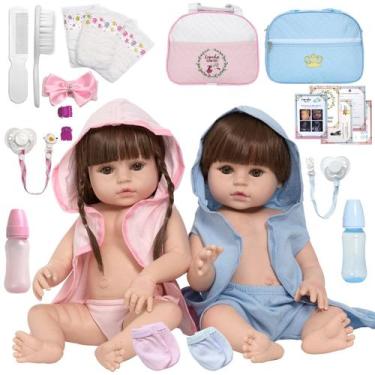 Imagem de Kit Boneca Reborn Gêmeos Casal Recém Nascido Cabelo Castanho - Cegonha