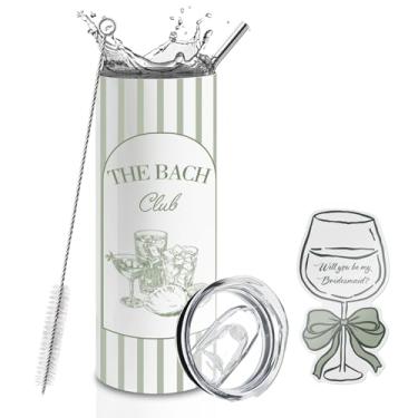 Imagem de BUZCOZY Cartão de pedido de dama de honra e conjunto de copo de 590 ml, copo isolado para despedida de solteira The Bach Club com canudo e tampa, presente Will You Be My Bridesmaid para chá de panela