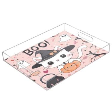 Imagem de xigua Bandeja de servir de acrílico fantasma de Halloween com alças à prova de derramamento, bandejas decorativas de festa de Halloween, bandeja organizadora de bancada para banheiro, cozinha, 30,5 x