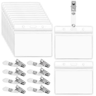 Imagem de Swpeet 100 peças porta-cartões de identificação de 10 x 7 cm transparente contra poeira, plástico PVC, transparente, horizontal, crachá, identidade, com protetor de zíper à prova d'água com clipes de