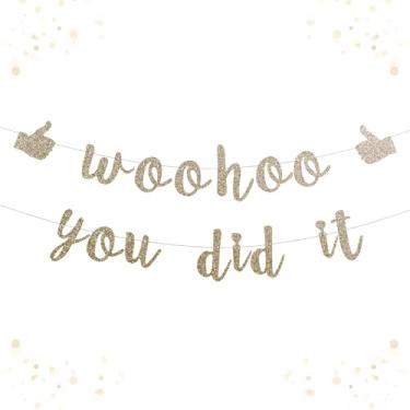 Imagem de Banner pré-amarrado Woohoo You Did It - Placa de felicitações com glitter para decorações de formatura 2026, promoção de trabalho, suprimentos para festa de aposentadoria, sem estamparia grande para