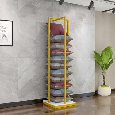 Imagem de Prateleira de armazenamento de travesseiro comercial de grande capacidade - Prateleira de exibição de almofada de loja de varejo e hotel, design elegante em preto e branco, construção de ferro durável