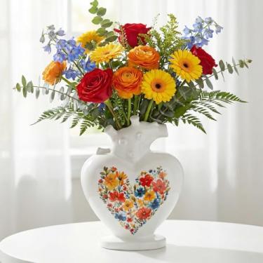 Imagem de Potiera Vasos brancos em forma de coração, vaso estético de cerâmica para centros de mesa, vaso de flores decorativo moderno para casa, sala de jantar, sala de estar, cozinha, escritório, casa