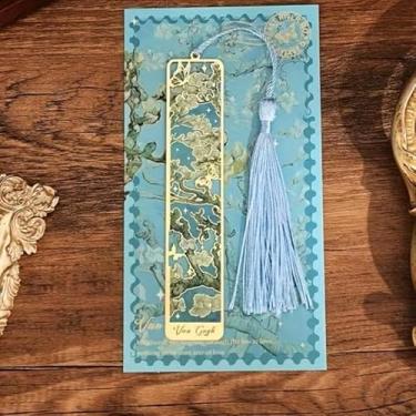 Imagem de Marcador de página vintage de metal para pintura a óleo – 1 marcador de livro de bronze oco com borla longa – presentes de papelaria para leitores, clubes de livros, leitores, festivais, escritores