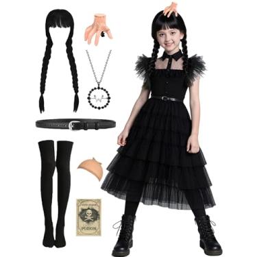 Imagem de jiobabe GR048S fantasia de Halloween infantil bonito vestido preto com peruca colar para festa de família de aniversário