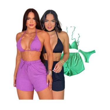 Imagem de Kit 3 Biquíni Com Short Malha Canelada Brilhante Premium - Praia - mod