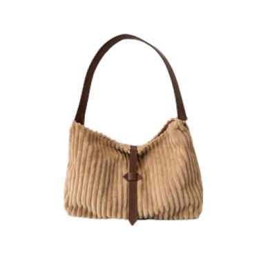 Imagem de Bolsa de mão feminina, bolsa de veludo cotelê de grande capacidade com alça de ombro única, bolsa de mão casual para o dia a dia, Caqui