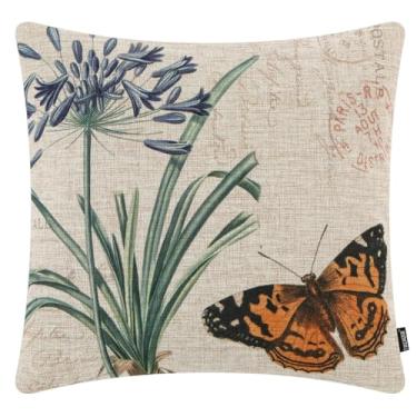 Imagem de TRENDIN Capa de almofada de flor botânica vintage 45,7 x 45,7 cm, capa de almofada rústica de flores azuis e borboletas, decorações de fazendas naturais para sofá de sala de estar, decoração de