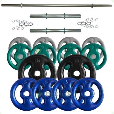 Imagem de Kit 60 Kg de Anilhas Emborrachadas + Barras Maciças Zincada com Presilhas-Unissex