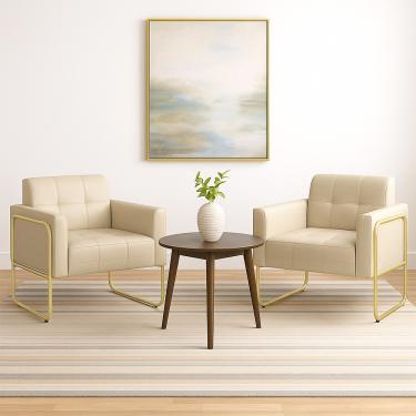 Imagem de Poltrona Sala Decorativa Kit 2 Elisa Base Tubular Alta Dourada Sintético PU Bege D03 - D'Rossi