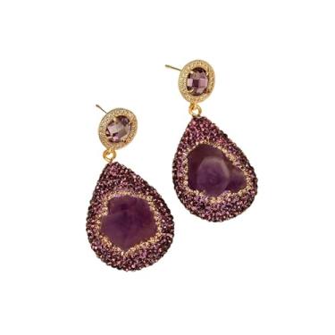 Imagem de DWBPGVUN Brincos pendentes de ametista roxa com pedra crua e cristal pavimentado