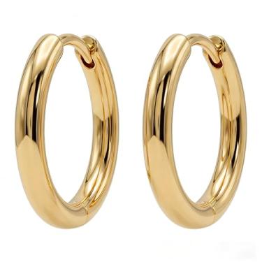 Imagem de Dremmy Studios Brincos de argola delicados CZ Huggie banhados a ouro 14 K, grosso, simples, fofo, redondo, babado, bola, starburst, brincos de argola de zircônia cúbica, presente personalizado