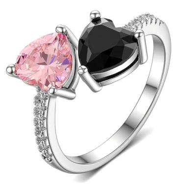 Imagem de Fullrainbow Anel de coração duplo com pedras de coração rosa e preta, pulseira de cobre em tom prateado, tamanho ajustável, Cobre, Sem pedra preciosa