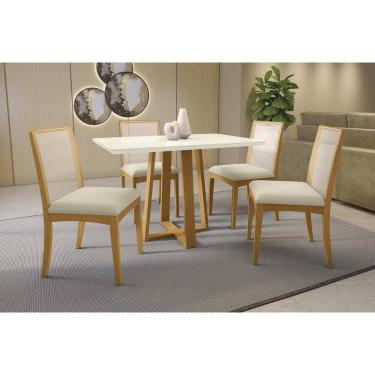 Imagem de Sala Jantar Mesa Elma Premium Madeira Maciça c/ Tampo Madeirado c/ Vidro 120x80cm e 4 Cadeiras Lara Carvalho/Off White - Linho Bege Argila-Kappesberg