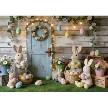 Imagem de XMJJKUF Pano de fundo rústico para porta de celeiro de Páscoa, 3 x 2,1 m, coelhinho, colorido, ovos, flores, coelhos, fotografia, fundo, crianças, adultos, aniversário, festa de Páscoa, banner