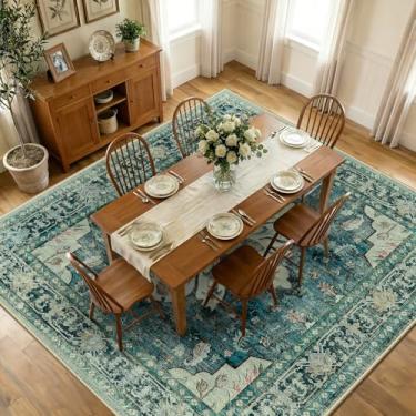 Imagem de RELEANY Tapete quadrado quadrado 3 m lavável, antiderrapante, estampa floral, vintage, medalhão para sala de estar, quarto, sala de jantar, azul escuro vintage