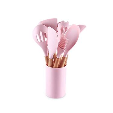 Imagem de U5GAAALPPQ9 Conjunto de utensílios de cozinha de silicone, conjunto de utensílios de cozinha, espátula, pá, colher de sopa com cabo de madeira, design especial resistente ao calor