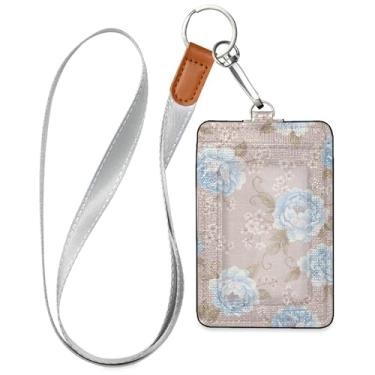 Imagem de Burbuja Porta-crachá de couro com cordão, etiqueta de identificação de flores com 1 janela transparente para identidade e 2 compartimentos para cartão para escritório, enfermeira, professor, médico
