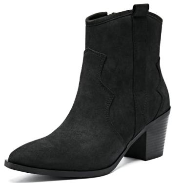 Imagem de Ruiee Botas de cano curto femininas de salto grosso, modernas, confortáveis, bico redondo, salto médio baixo, inverno, outono., Preto PU 969, 37