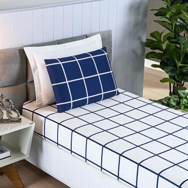 Imagem de Jogo de Lençol Minimalista Solteiro 2 Peças Percal 200 Fios Quadriculado - Azul Marinho - 100% Poliéster