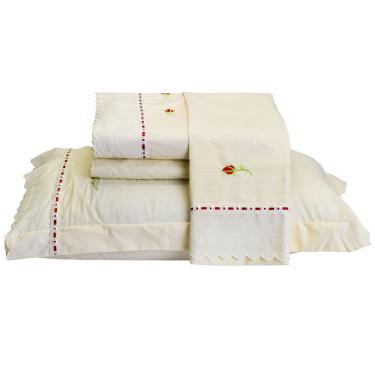Imagem de Jogo de Lençol Yasmin Queen 4 Peças Percal 200 Fios 100% Algodão Bordado Floral - Palha