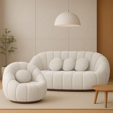 Imagem de Sofá 2 Lugares Com Poltrona Giratória Orgânica Cloud Bouclê E03 - D`rossi Cor Bege