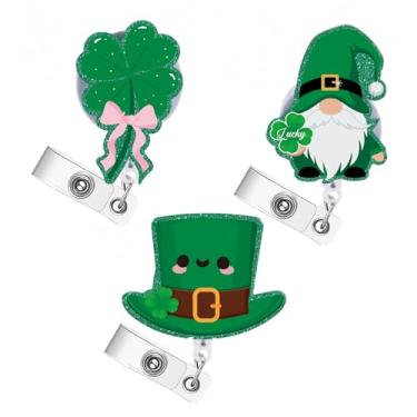 Imagem de Carretel de crachá de Dia de São Patrício, 3 peças de porta-crachá de identificação de trevo da sorte fofo para enfermeira, glitter acrílico retrátil com clipes jacaré, acessório de trabalho presente