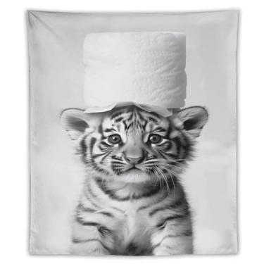 Imagem de Tapeçaria de chapéu de papel higiênico bebê tigre preto e branco impressão artística para quarto sala de estar dormitório decoração de casa com design de animal selvagem fofo Tapeçaria 50 x 60