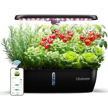 Imagem de litokam Kit de sistema de cultivo hidropônico, 15 cápsulas de jardim interno de ervas com aplicativo inteligente e bomba silenciosa, luz LED de 24 W, temporizador automático, jardim interno perfeito