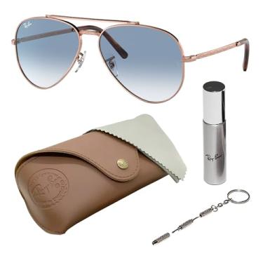 Imagem de Ray-Ban Óculos de sol RB3625 NEW AVIATOR em forma de piloto para homens e mulheres com kit oficial de óculos RAYBAN, Armação de ouro rosa polido | Lente azul transparente, 57 mm